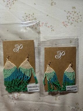 Beaded Fringe Drop Earrings - Teal & Cream